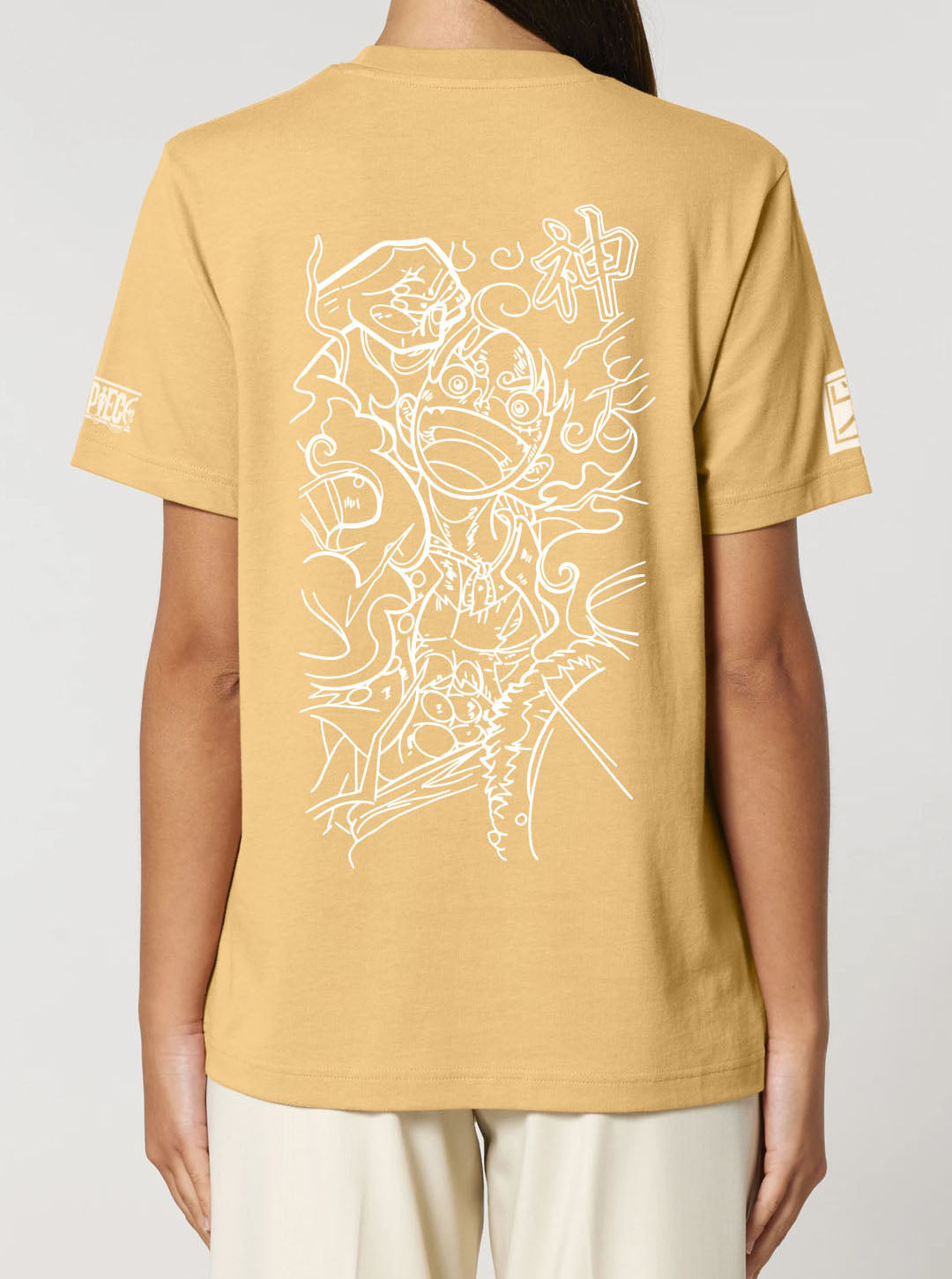 Nispero t-shirt featuring Luffy in Gear 5 prints in white on front and back, made from 100% organic breathable cotton, with an oversized fit when sized up.