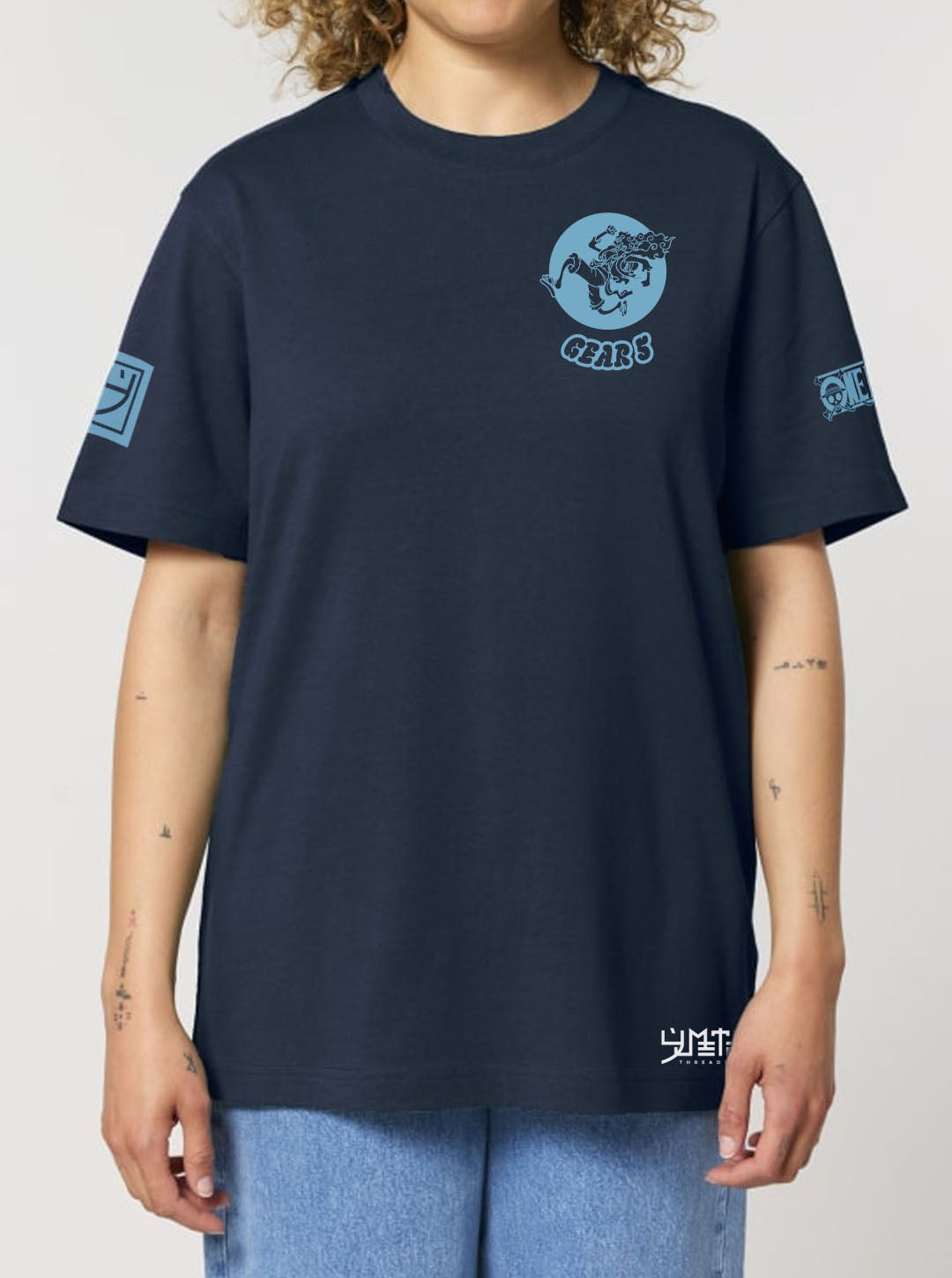 Navy t-shirt featuring Luffy in Gear 5 prints in azure blue on front and back, made from 100% organic breathable cotton, with an oversized fit when sized up.