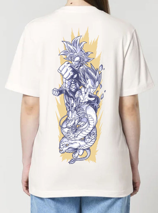 Off White t-shirt featuring the Goku, Vegeta and Shenron prints in blue and yellow on front and back, made from 100% organic breathable cotton, with an oversized fit when sized up.