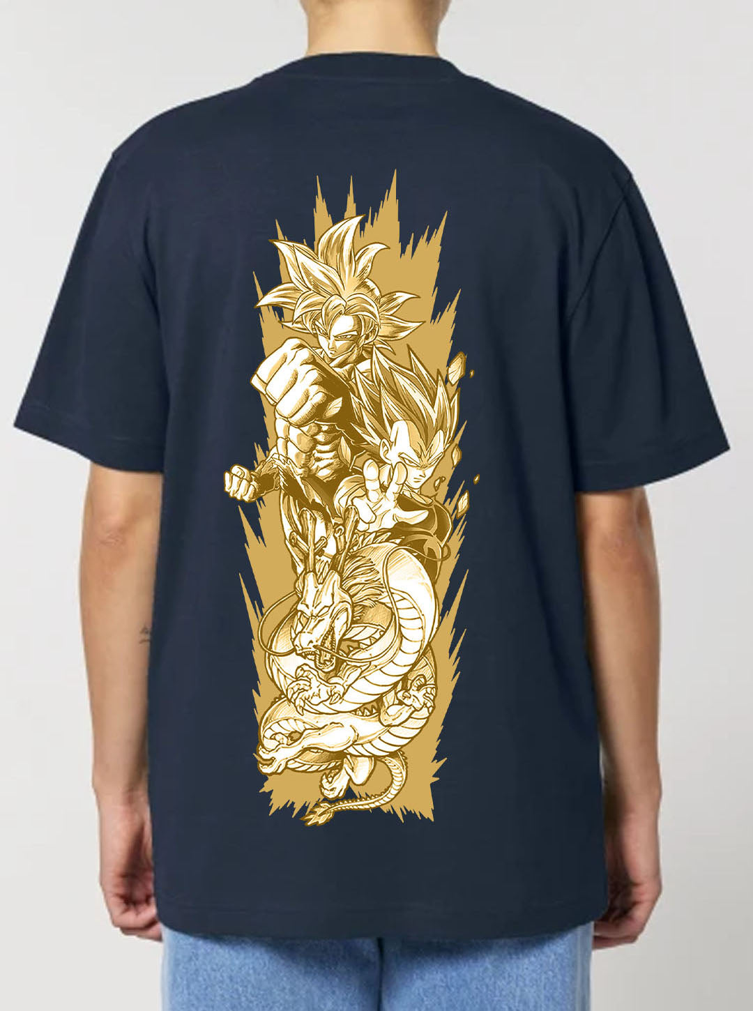 Navy t-shirt featuring the Goku, Vegeta and Shenron prints in yellow and white on front and back, made from 100% organic breathable cotton, with an oversized fit when sized up.