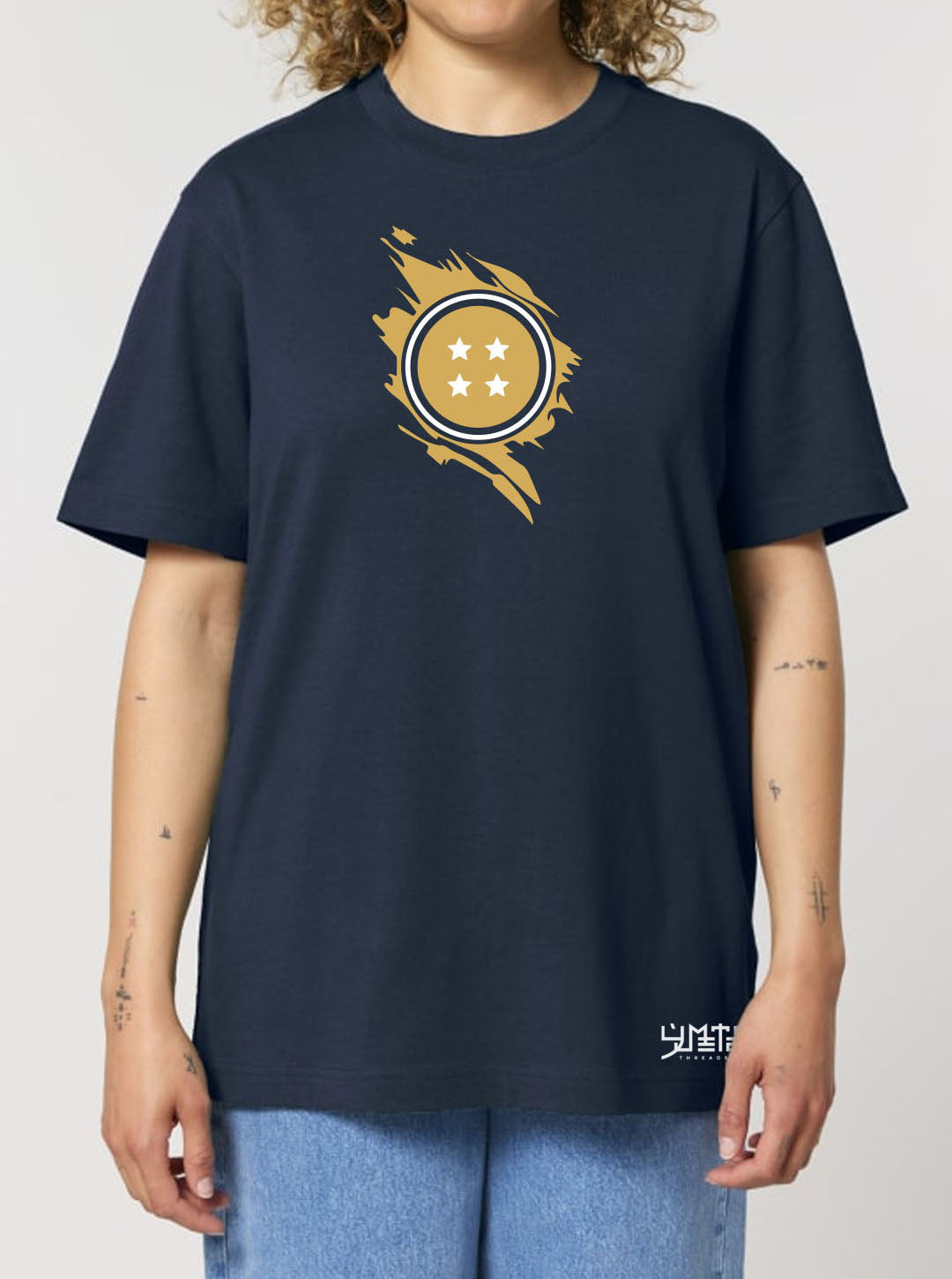 Navy t-shirt featuring the Goku, Vegeta and Shenron prints in yellow and white on front and back, made from 100% organic breathable cotton, with a oversized fit when sized up.