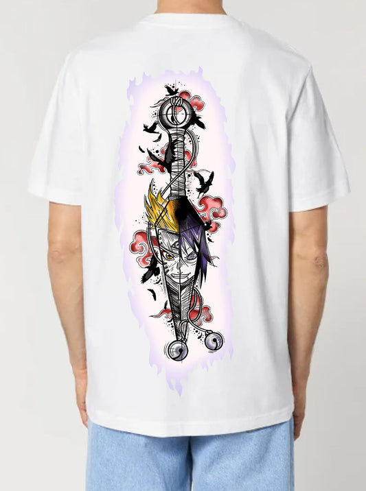 White t-shirt featuring Naruto and Sasuke in a Kunai prints in original colours on front and back, made from 100% organic breathable cotton, with an oversized fit when sized up.