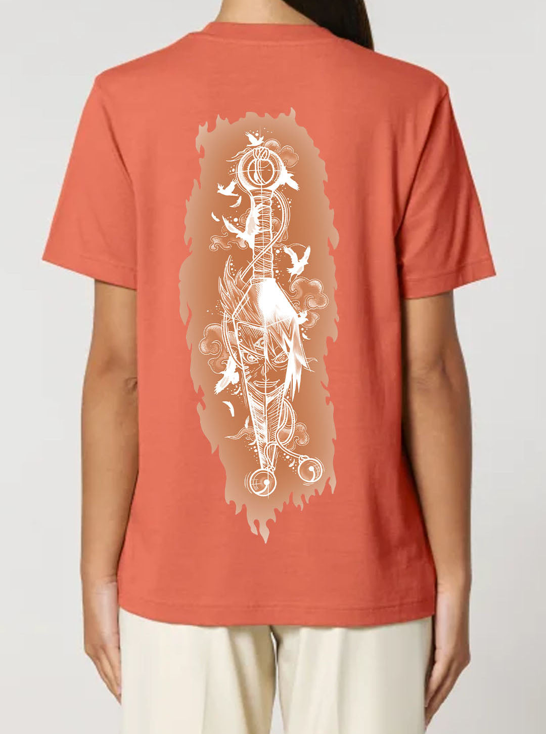 Orange t-shirt featuring Naruto and Sasuke in a Kunai prints in white on front and back, made from 100% organic breathable cotton, with an oversized fit when sized up.