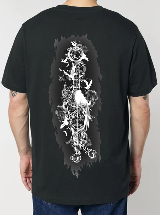 Black t-shirt featuring Naruto and Sasuke in a Kunai prints in white on front and back, made from 100% organic breathable cotton, with an oversized fit when sized up.